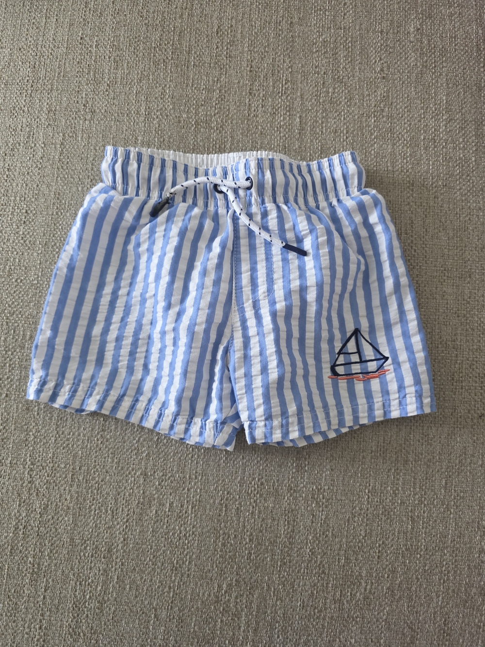 Cat & Jack Blue and White Striped Swim Shorts with Sailboat